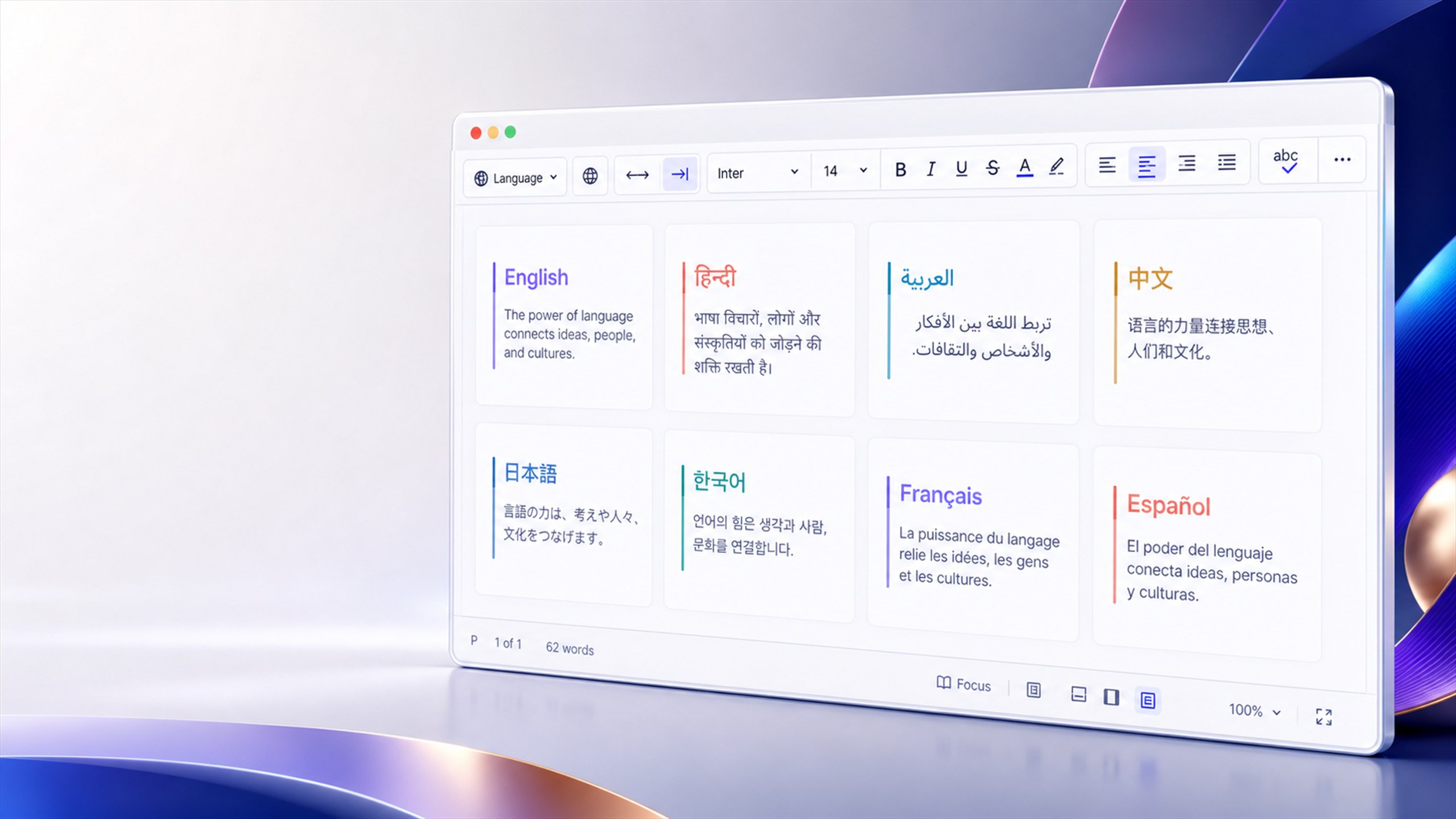 Editra editor showing English, Hindi, Arabic, Chinese, Japanese, Korean, French, and Spanish content with language and text-direction tools